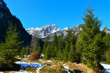 View of mountain peak above Vršič from Krnica valley in Gorenjska, Slovenia