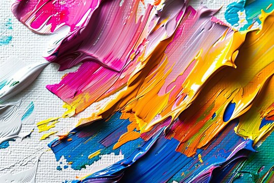 Vibrant and Creative Close-Up of Colorful Paint Splatters on White Canvas: Exploring Texture and Expressionism in Contemporary Art - Powered by Adobe