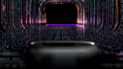 A futuristic tunnel composed of digital data and illuminated glows in the darkness