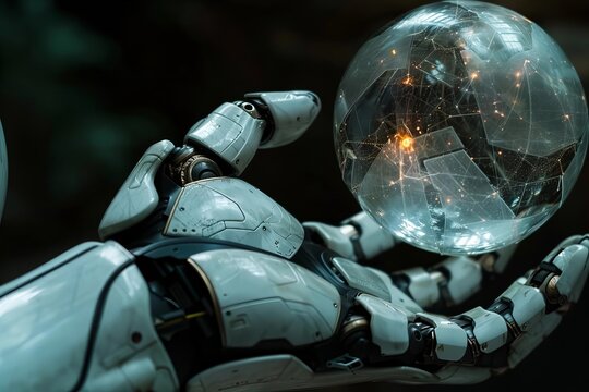 AI-powered robot hand close-up holding crystal ball, predicting the future in dark and mysterious setting