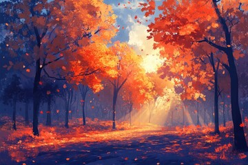 Autumn Landscape - Trees And Orange Foliage In Park At Sunset