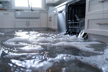 Close-up Shot of a Kitchen Flooded by a Broken Dishwasher Spilling Water
