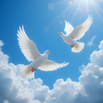 Two white doves soaring in a bright blue sky with fluffy clouds and sunlight