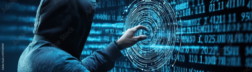Poster futuristic hacker manipulating holographic data in cyber environment with enhanced security features
