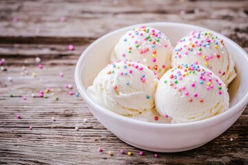 Fototapeta premium Sprinkled ice cream scoops in a white bowl on weathered wood surface