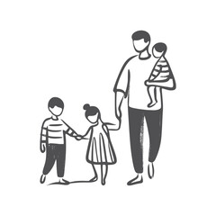 Father holding hands with children, simple line art vector