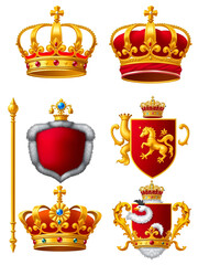 Royal golden crowns with jewels, fanfares, scepter, orb and coat of arms with red velvet and ermine fur, set vector realistic icons isolated on white background. Heraldic elements, monarchic symbols