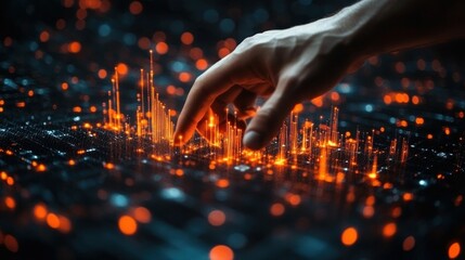 Fingertip interacts with glowing digital cityscape
