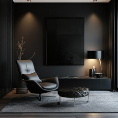 A modern living room interior featuring a black design scheme