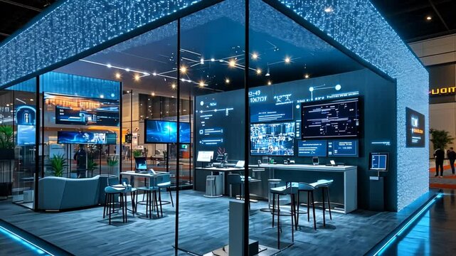 Futuristic tech exhibit booth, glass walls, digital displays, event
