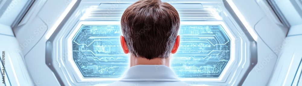 Poster scientist in futuristic lab controlling ai technology with advanced 3d interface