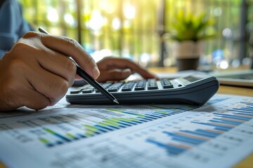 Professional accountant calculates taxes and salary manually for a panoramic photo shoot.