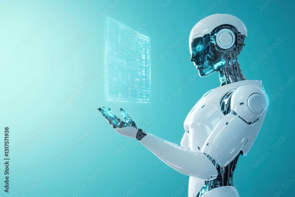 Poster ai powered robot interacting with floating holographic display in futuristic environment