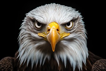 Fototapeta premium Majestic Eagle in Focus with Intense Gaze and Striking Feather Detail Against Dark Background
