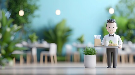 A smiling cartoon waiter holds a tray with food and drinks in a modern restaurant setting.