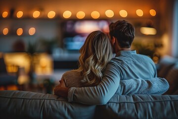 A young couple cozied up on the couch, watching their favorite TV show and enjoying a relaxing evening at home together.