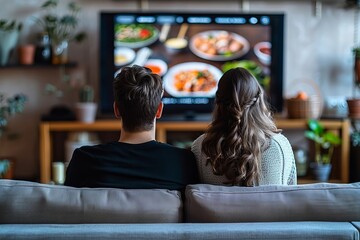 Young couple lounging on a sofa, watching a cooking show on TV.