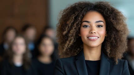 Confident woman leads corporate seminar in a modern conference room with engaged audience listening attentively to her insights