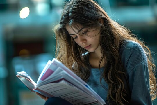 Lonely young woman with troubled expression flipping through papers