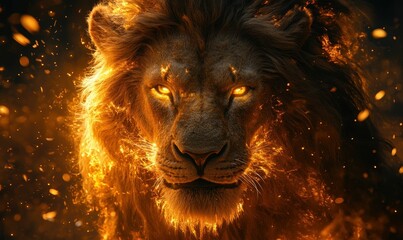 Fiery lion portrait, intense gaze, majestic power