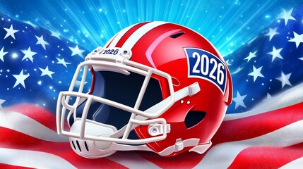American Football Helmet 2026 - Red football helmet with 2026 on the side, set against an American flag background. Perfect for sports, patriotism, and future themes