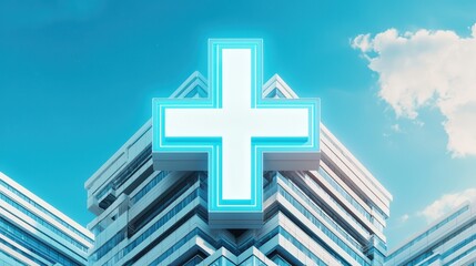 Obraz premium Futuristic Digital Medical Icons Hovering Above a Modern Healthcare Facility