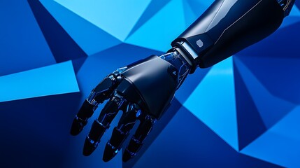 a detailed close-up of a futuristic robotic arm, with a vibrant, geometric blue background 