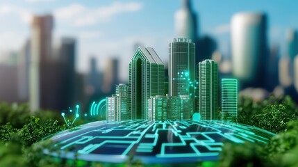 Eco-Friendly Cityscape with Holographic Elements Showcasing Sustainable Urban Living