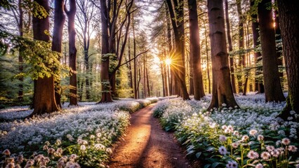 Naklejka premium A serene and welcoming image of a meandering brook flowing through a woodland, showcasing gentle rays of sunlight seeping through foliage and creating a mesmerizing display on stream's tranquil surfac