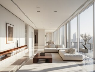 Contemporary living space with natural light and city views