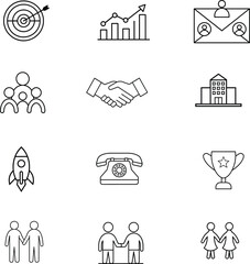 Corporate business startup black thin line icon set of financial data technology, success strategy, development business finance investment, successful project start symbols vector illustration.