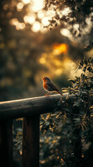 Obraz premium Robin perched quietly on a wooden fence during golden hour in a serene outdoor setting