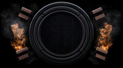 A central speaker surrounded by smoke flames and wooden components