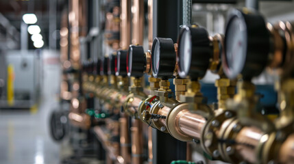 Fototapeta premium A row of copper pipes lined with pressure gauges is seen in a brightly lit industrial setting, showcasing utility and precision