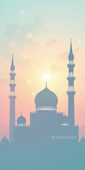 Fototapeta premium Islamic Vertical Banner Design with Silhouette of Mosque at Sunrise Scenic Background. Backdrop Design for Eid al-Fitr, Eid al-Adha and Islamic New Year. 1:2 Ratio