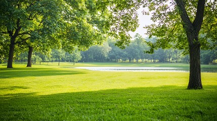 Sunny Day in a Lush Green Park with a Calm Lake