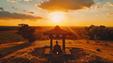 Serene sunset meditation scene with a silhouette in a gazebo overlooking a tranquil landscape