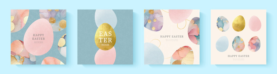 Happy Easter greeting cards set with beautiful decorated eggs. Watercolor and golden eggs. Collection of elegant design templates in minimalist style. Trendy vector easter illustration © Liliya