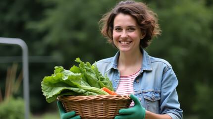 girl with a wicker basket of vegetables 