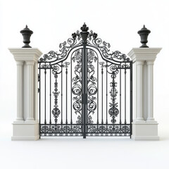 A decorative black iron gate with white pillars and urns on a white background