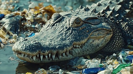 Obraz premium Alligator in Polluted Water Plastic Waste Environmental Problem Wildlife Conservation Dark Green Reptile Closeup Nature Photography eyes head teeth 