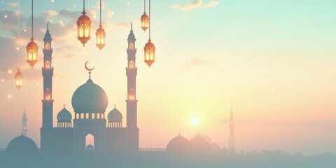 Islamic Banner Design with Silhouette of Mosque at Sunrise with Hanging Lanterns and Scenic Background. Backdrop Design for Eid al-Fitr, Eid al-Adha and Islamic New Year. 2:1 Ratio
