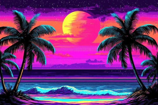 Vivid beach scene with palms against a sunset-colored sky, and retro, neon vibes