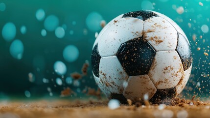Naklejka premium Moment of impact as a soccer ball connects with a player's foot during an intense game on the field