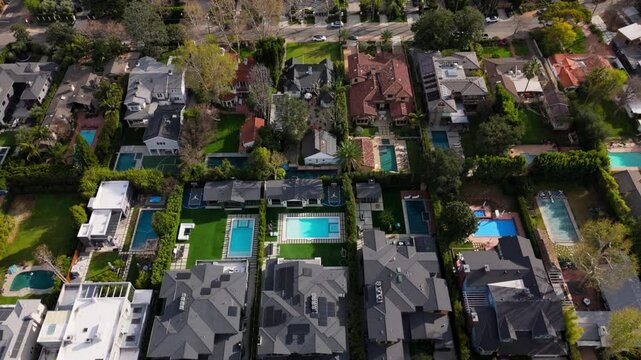 Aerial Forward Moving Shot Over a Luxury Neighborhood in Studio City, Los Angeles