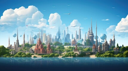 Naklejka premium Smart City Concept 2D Illustration, Urban Innovation with Smart Houses, Wireless Communication Network, Futuristic Cityscape and Infrastructure Design. Real estate concept. Smart city concept.