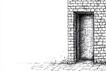 a hand drawn ink sketch of an open doorway set in a rough brick wall with empty white space on the left
