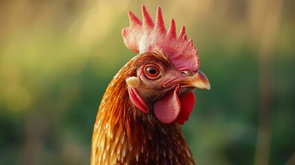Close-up Portrait of a Rhode Island Red Hen in Lush Green Pasture