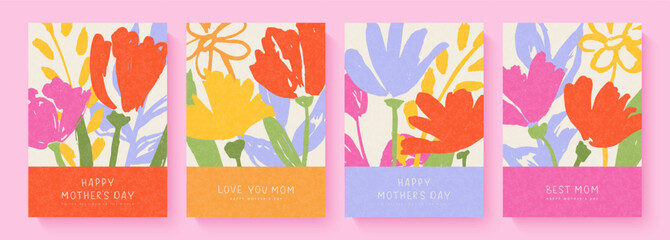 Happy Mother's Day. Set of spring cards with hand-drawn flowers. Collection of templates for designing festive advertising materials or greeting cards for Mother's Day. Trendy modern vector