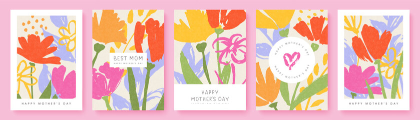 Happy Mother's Day. Set of spring cards with hand-drawn flowers. Collection of templates for designing festive advertising materials or greeting cards for Mother's Day. Trendy modern vector